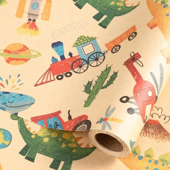 Pacco Regalo Mini Rotolo di Carta Kraft con Disegni a mano di Dinosauri, Balene e Elicotteri per Feste di Compleanno e Matrimoni di Bambini 17 x .