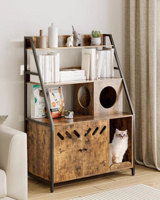 Casa per gatti in stile Mid-Century, grande cassa per gatti in legno rustico marrone, con superficie di raschiamento nascosta, adatta per la maggior parte dei gatti e delle cassette per gatti