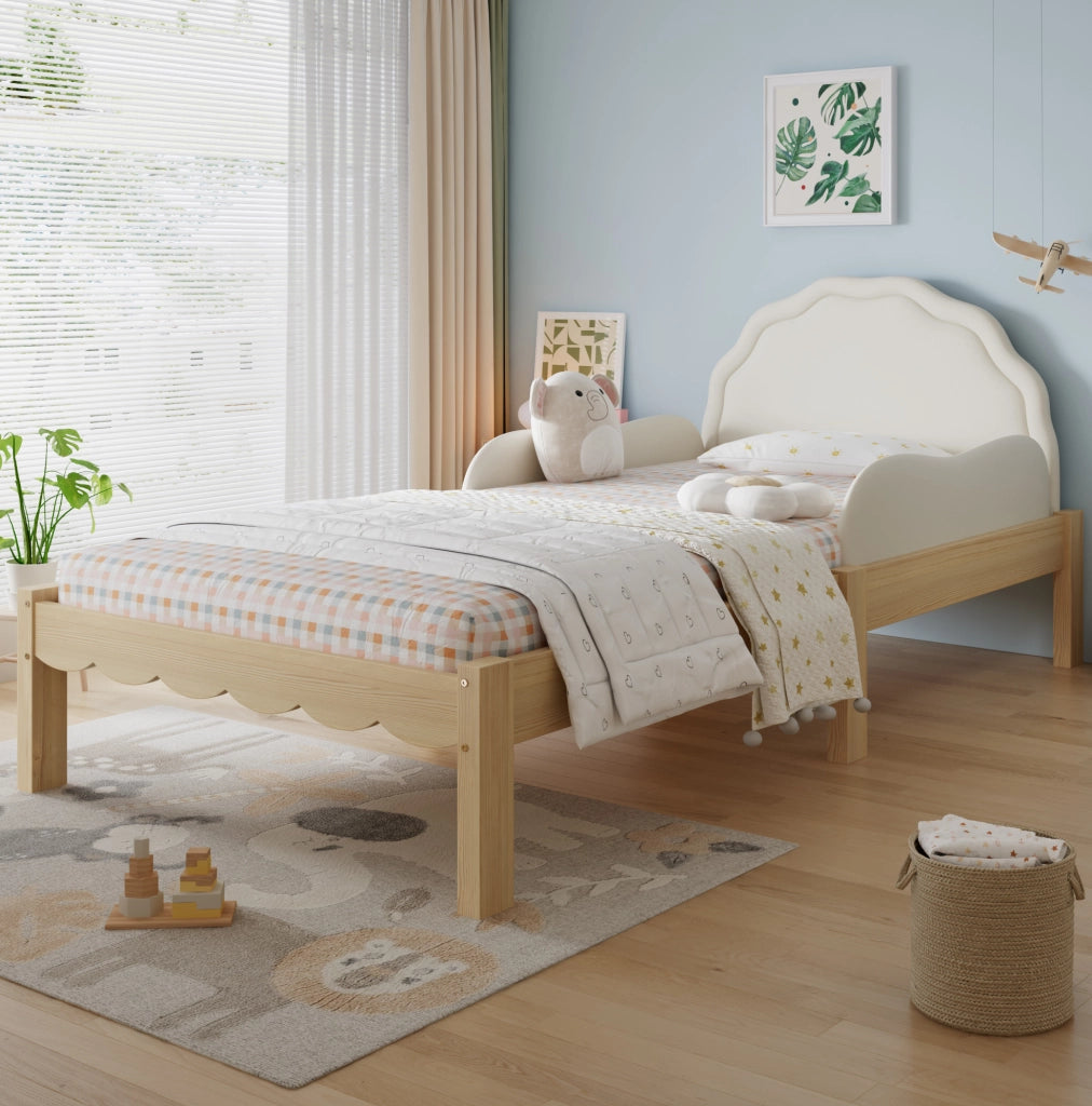 Letto imbottito per bambini 90x200 cm beige, struttura in legno con sponde laterali