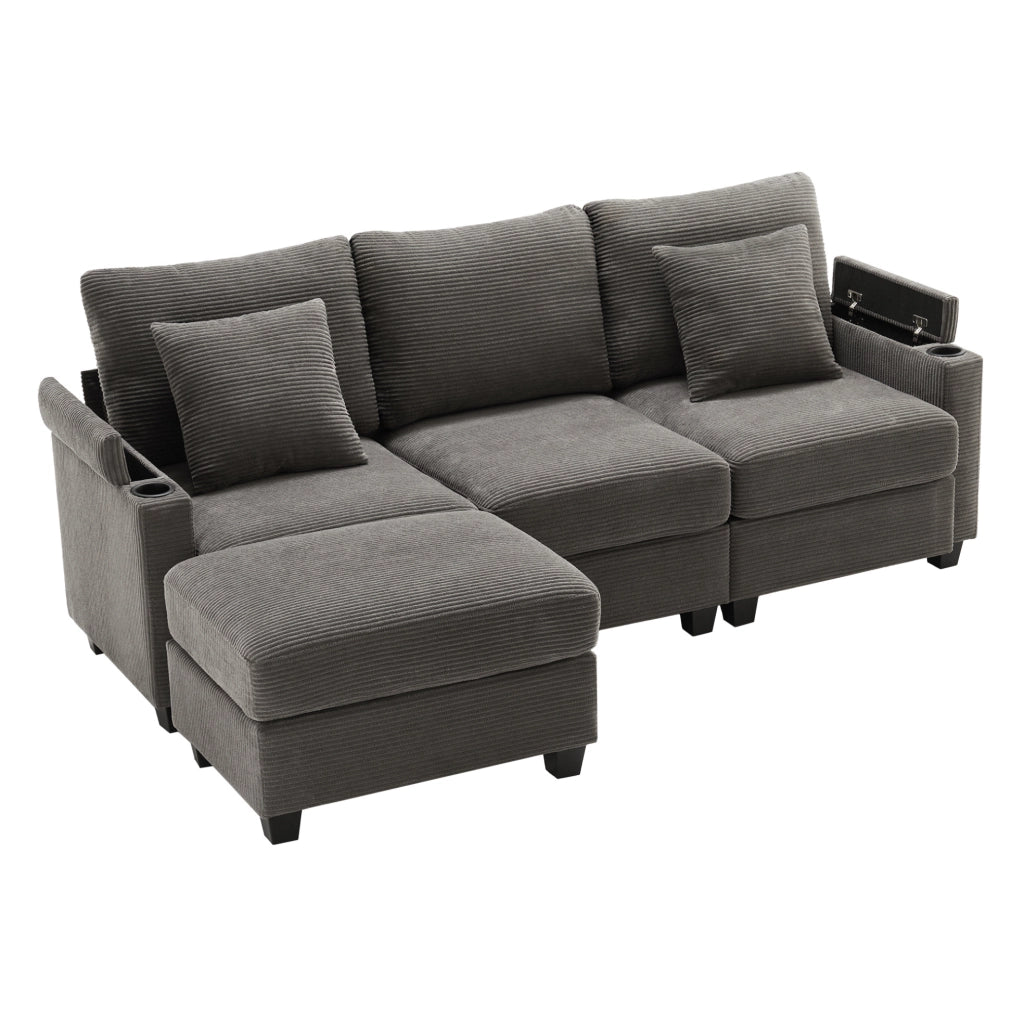 Divano angolare L 213.5x139x87 cm con USB; portaoggetti in corduroy dark gray