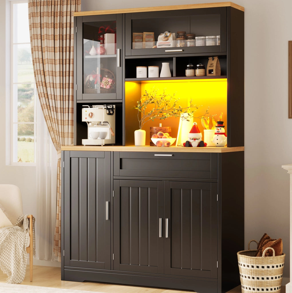 Credenza alta 104x40x180 cm con illuminazione LED; in MDF e metallo; nera