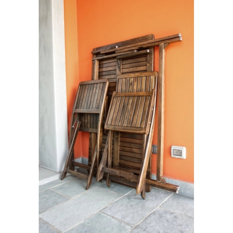 Set tavolo da giardino pieghevole con 4 sedie in legno carpino, 135x75 cm, finitura noce, salvaspazio esterno - Esterni da Vivere