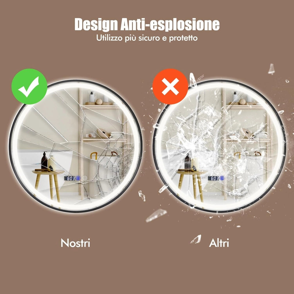 Specchio da Bagno a LED 60x60cm Rotondo, Specchio a Parete con Luce a 3 Colori, 3000-6500K, Dimmerabile, Funzione Anti-appannamento e Memoria, Lettura di Tempo e Temperatura e Antideflagrante