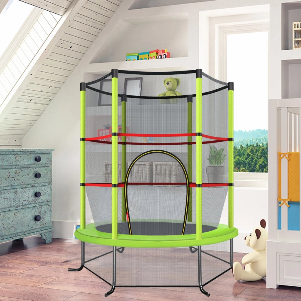 Tappeto elastico per bambini con rete di sicurezza, Tappeto elastico con struttura in acciaio resistente Verde-Trampolini