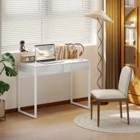 Scrivania Moderna con 2 Cassetti e Gambe in Acciaio, 100x50x75 cm, Bianco Lucido