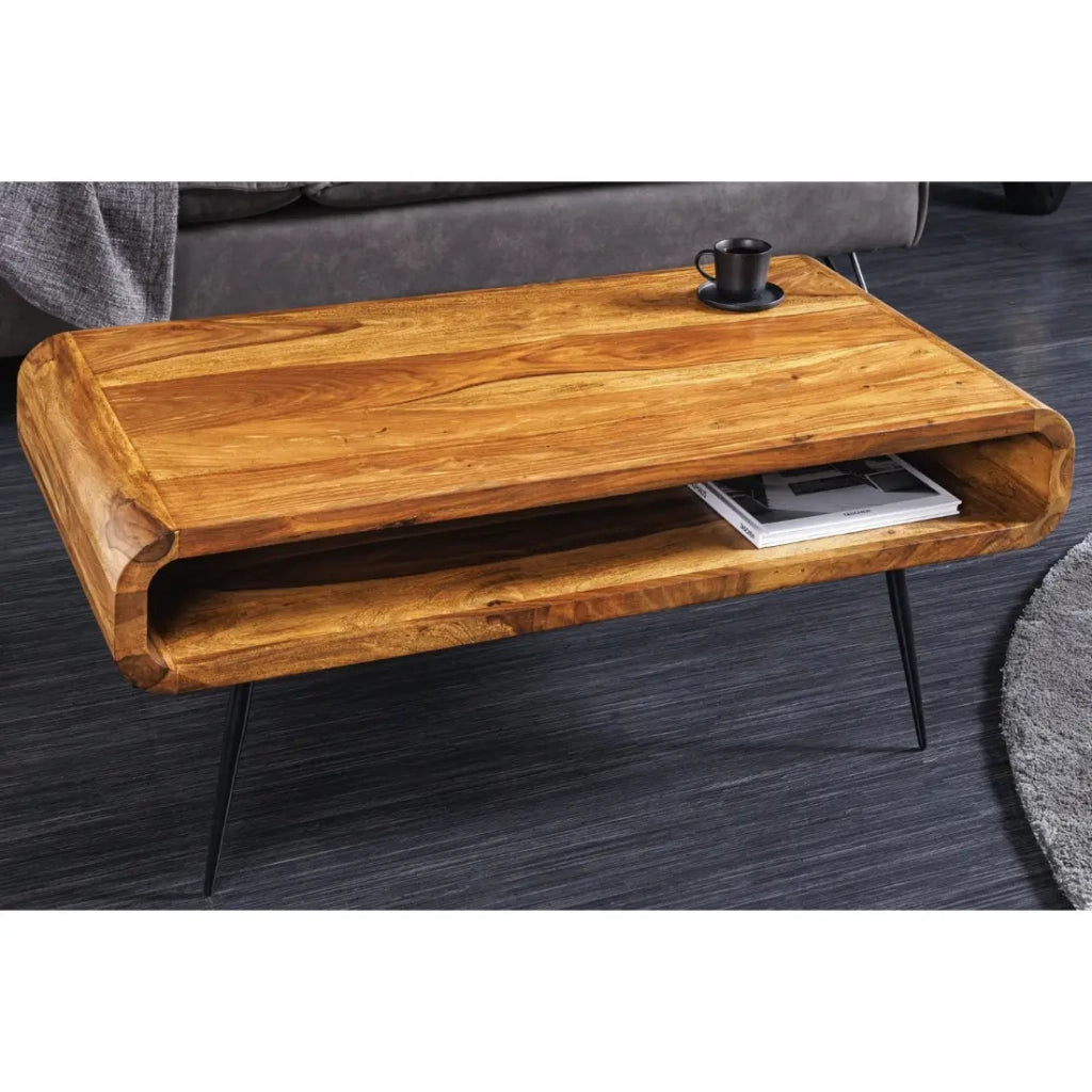 Tavolino RETROVA 90 cm in legno di Sheesham verniciato con gambe in metallo nero e vano aperto