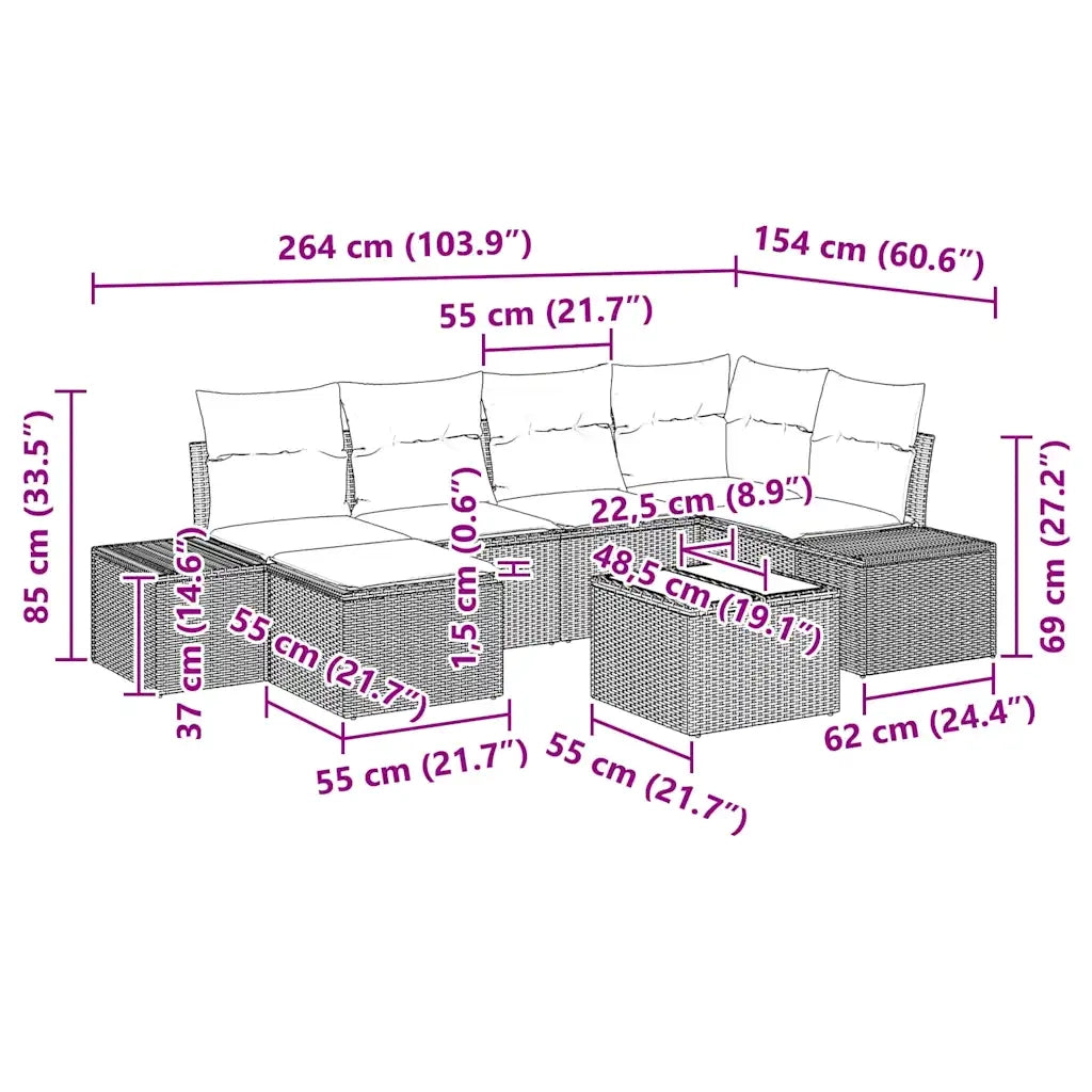 Set Divano da Giardino 7 pcs Nero e crema Poly Rattan 3347137