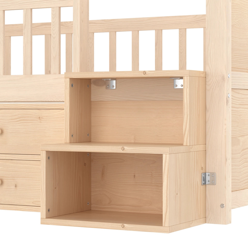 Letto a soppalco basso 90x200 cm in legno di pino, forma casa con LED, 4 cassetti e scala, Naturale