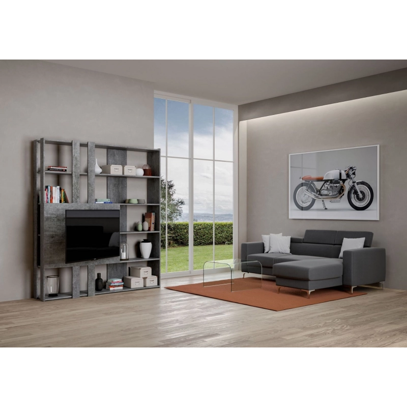 Composizione Libreria Kato 6R 2 fianchi 2 fasce lunghe 2 fasce corte 2 fasce medie pannello TV - Cemento,M