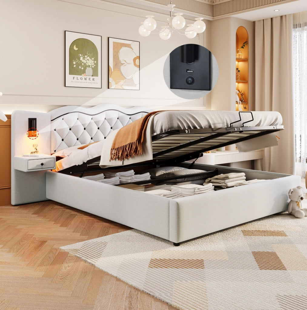 Letto matrimoniale 180x200 cm imbottito con contenitore; USB e luci; beige