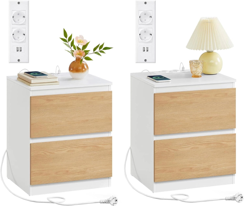 VASAGLE KAILYN Collezione - Comodini con Ciabatta Elettrica, Set di 2 Tavolini, 2 Cassetti, 2 Prese AC, 2 Porte USB-A, Soggiorno Camera da Letto, Moderno, Nero Ebano LET821B02