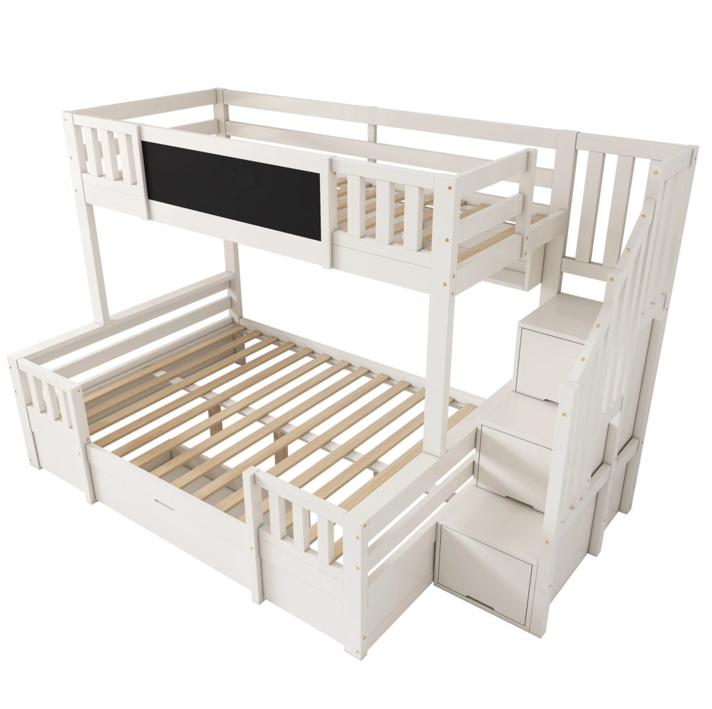 Letto a castello per 3 persone con lavagna; scala contenitore e cassetti; 253x145x150 cm; bianco