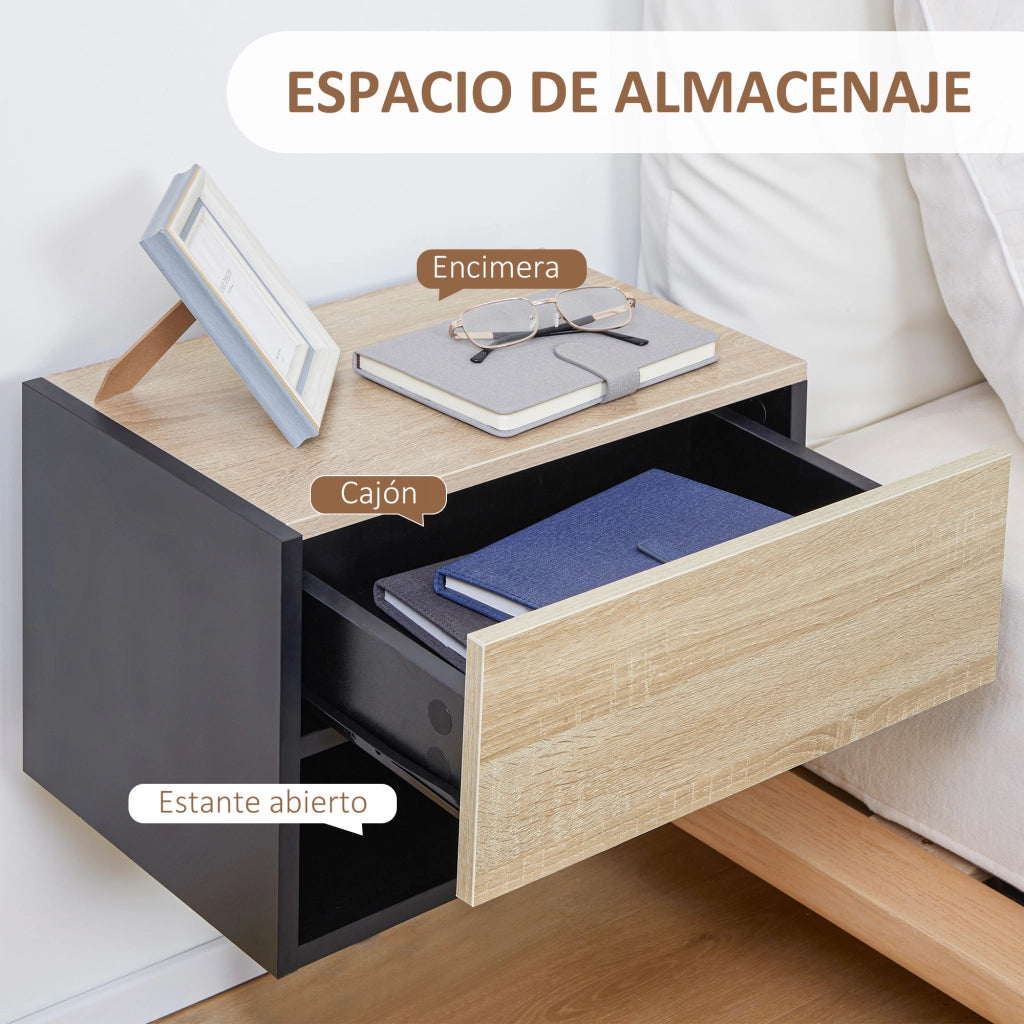 Comodino Galleggiante ¨C zephmum ¨C Legno Rovere e Nero 46x30x30cm