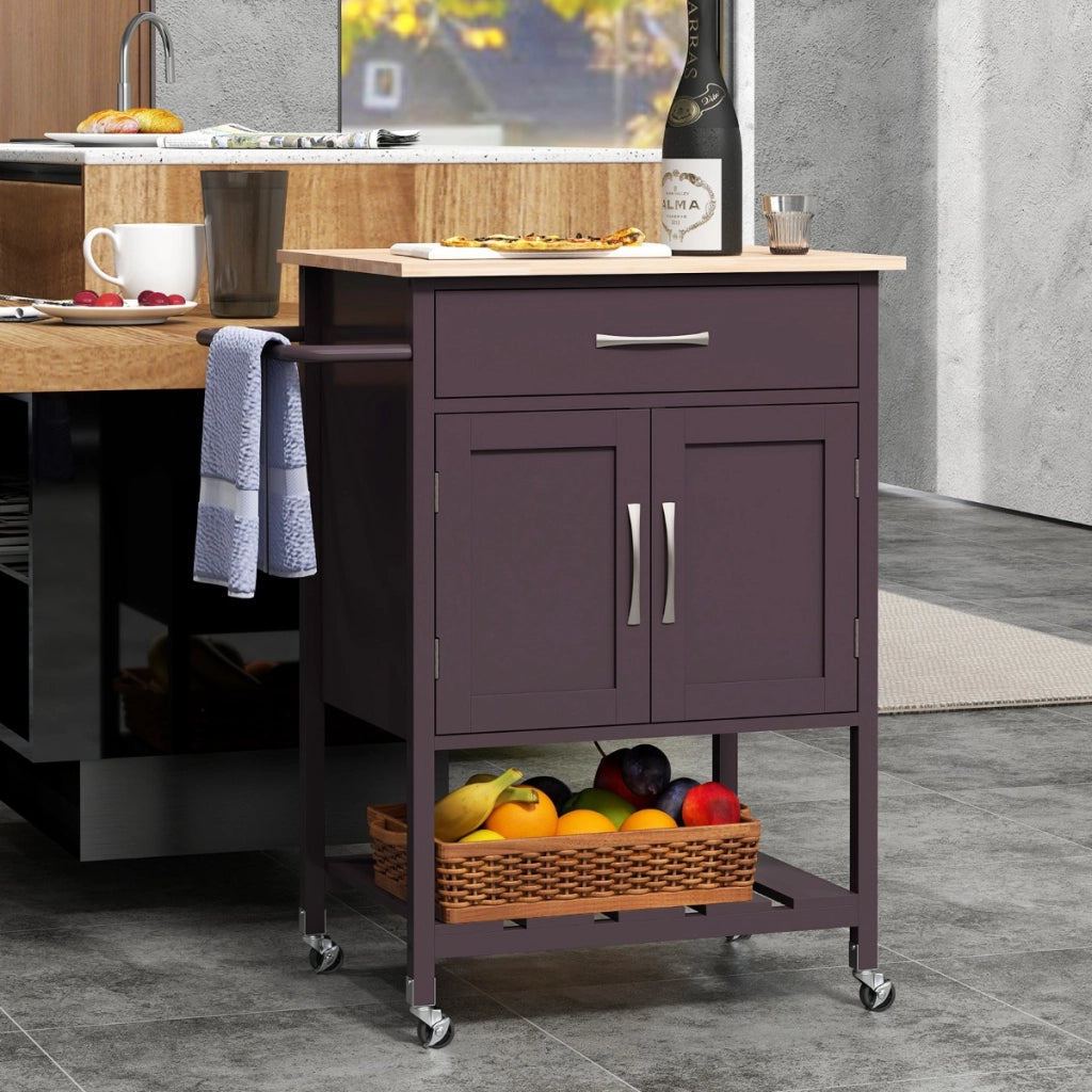 Carrello da cucina mobile con cassettovassoio inferiore porta asciugamani, Isola da cucina a 2 ante Marrone-Carrelli