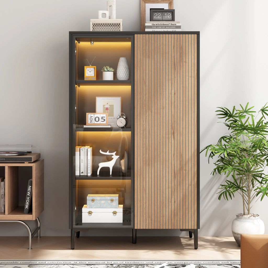 Vetrina con 2 ante e 8 vani, LED RGB controllato da app, per soggiorno, in MDF, nero naturale, 90 × 40 × 135 cm