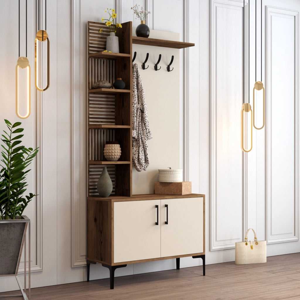 Mobile da corridoio in legno "Viyana D" - 35 x 90 x 200 cm - Noce, Crema
