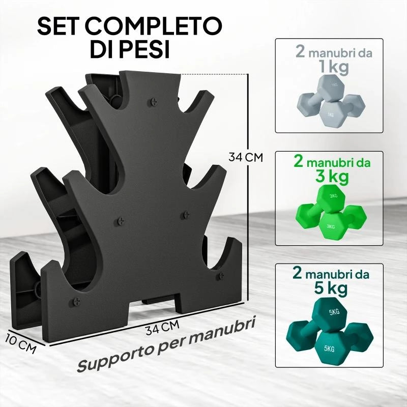 KIT PESI ESAGONALI DA 18 KG TOTALI CON SUPPORTO INCLUSO, IN ACCIAIO, METALLO E PLASTICA, MULTICOLORE