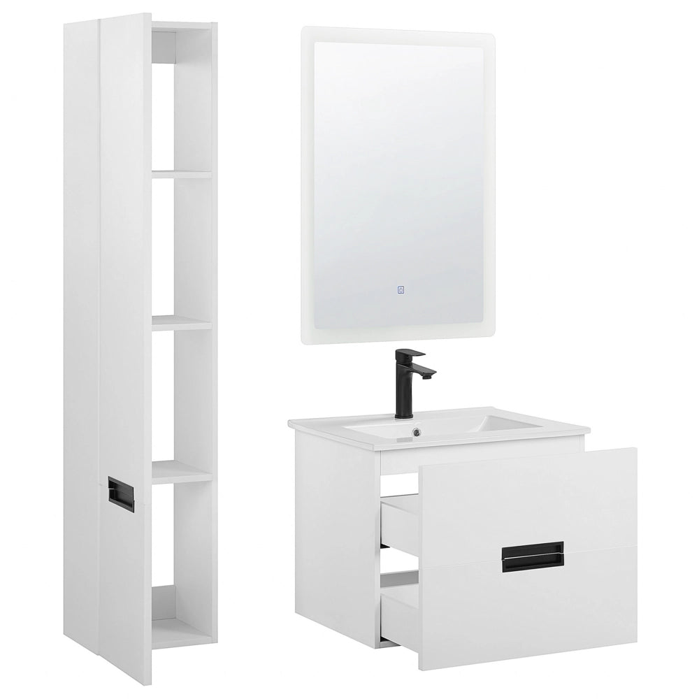 Set di 3 mobili da bagno in MDF bianco con lavabo in ceramica montaggio a parete mobiletto alto specchio rettangolare a LED