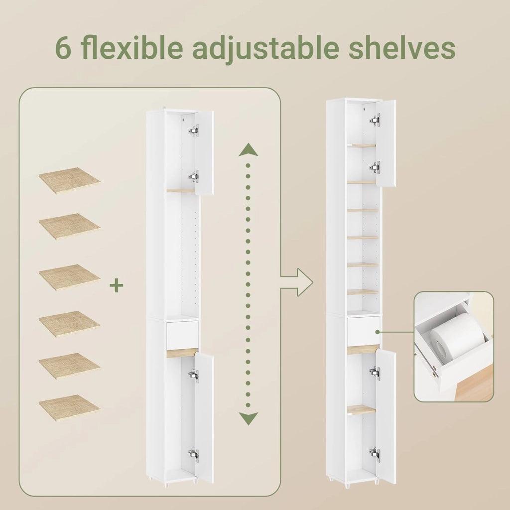 Mobile Bagno Alto e Stretto, Mobili Salvaspazio Mobiletto a Colonna da Terra con Ripiani Regolabili e Cassetto Armadietto per Bagno e Lavanderia 20×20×180 cm BZR34-WN