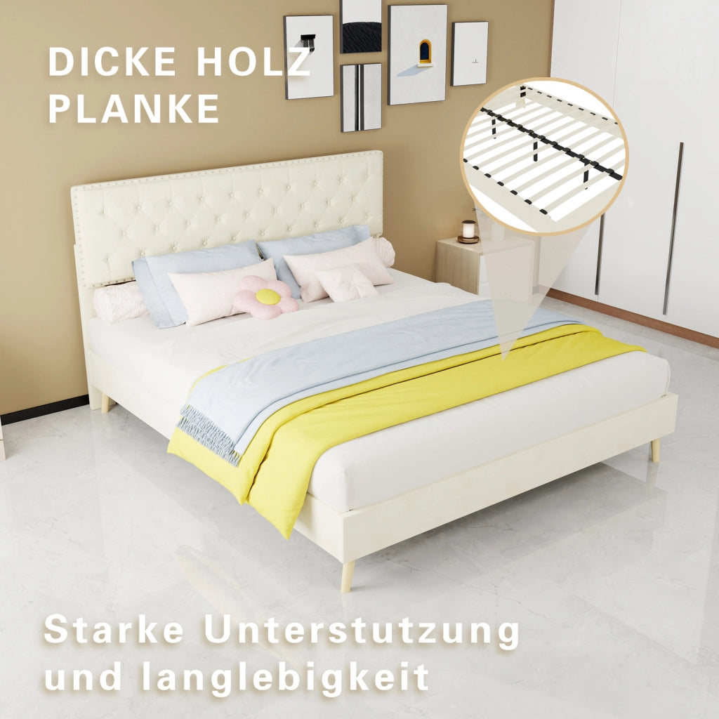 Letto imbottito moderno con testiera morbida, 160x200 cm, beige