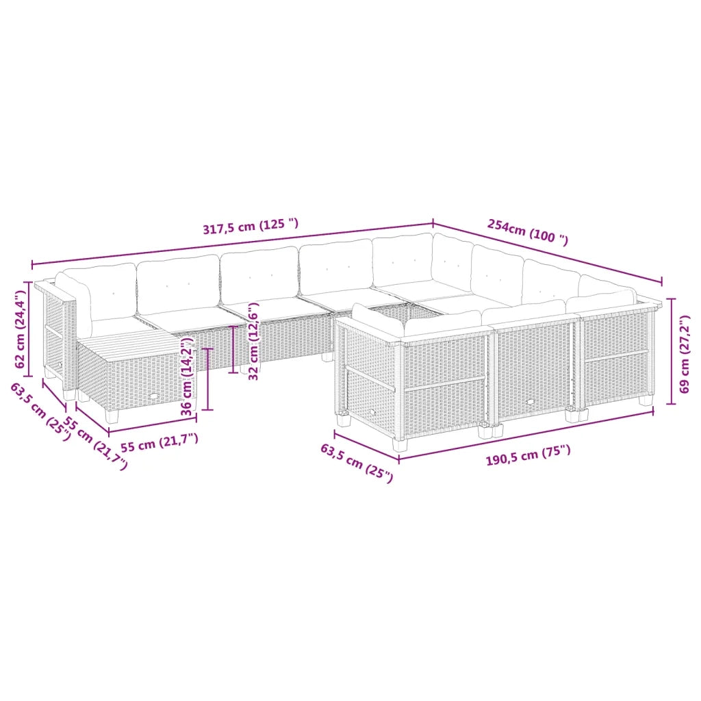 Set Divani da Giardino 11 pz con Cuscini in Polyrattan Grigio 3262056