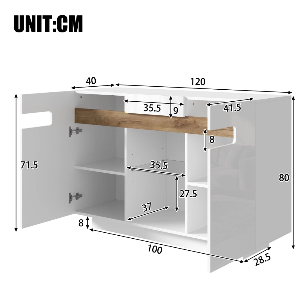 Credenza moderna con LED, fronti lucide, 120 ¡Á 40 ¡Á 80 cm, bianco e effetto legno naturale