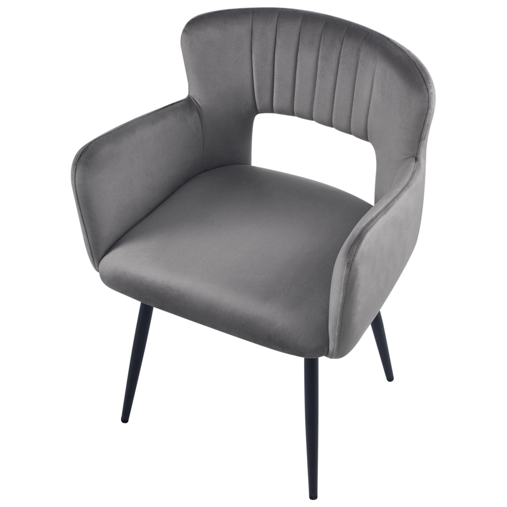 Set di 2 sedie da pranzo velluto grigio braccioli schienale intagliato gambe in metallo moderna industriale