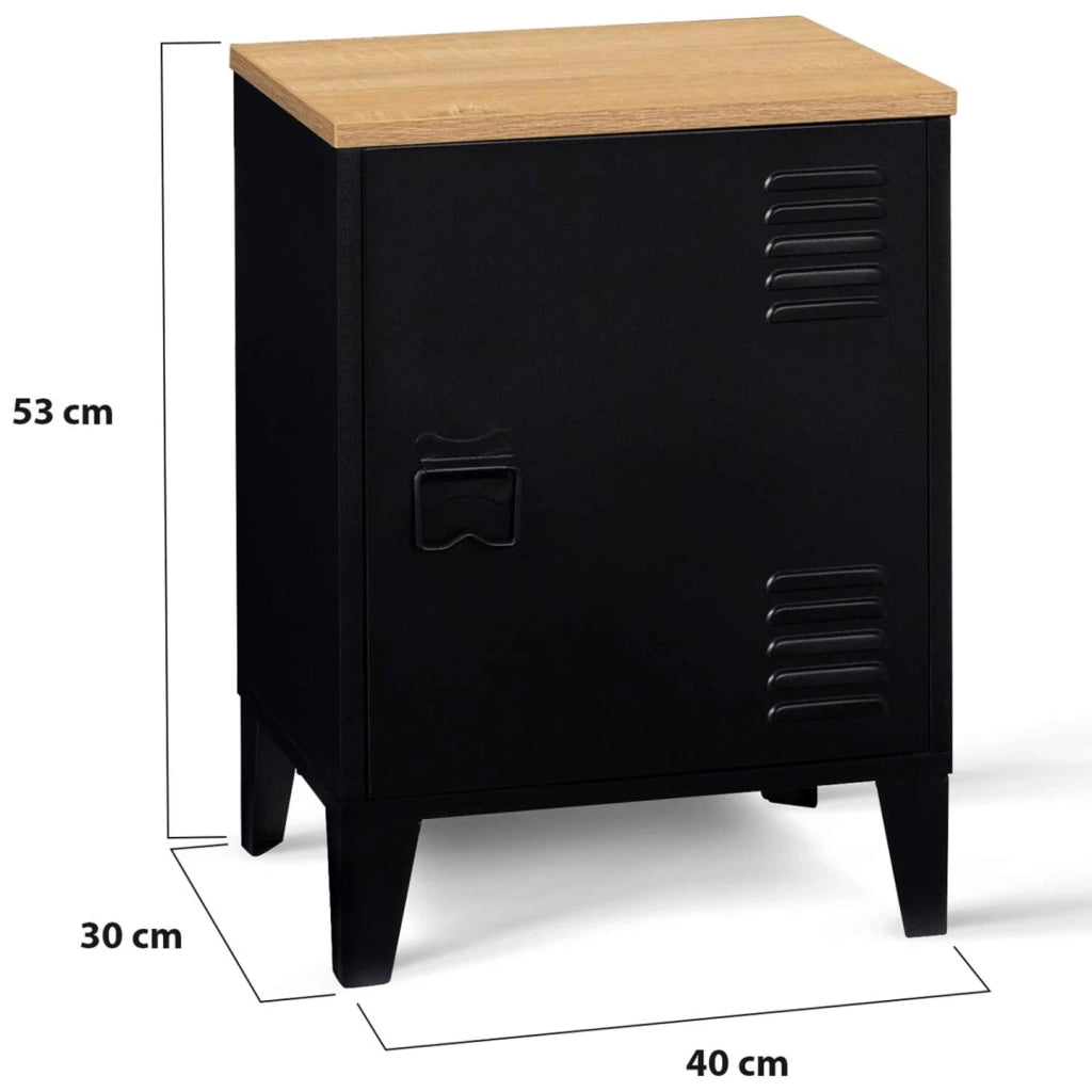 IDMarket - Comodino ESTER a 1 anta in metallo nero con piano in faggio in stile industriale