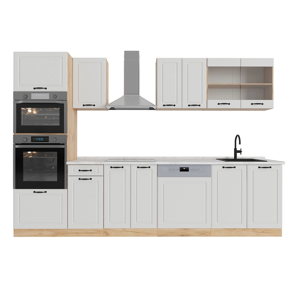 Cucina componibile R-Line Bianco rustico/Rovere dorato 300 cm con armadio alto, PL Marmo Vicco