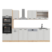 Cucina componibile R-Line Bianco rustico/Rovere dorato 300 cm con armadio alto, PL Marmo Vicco