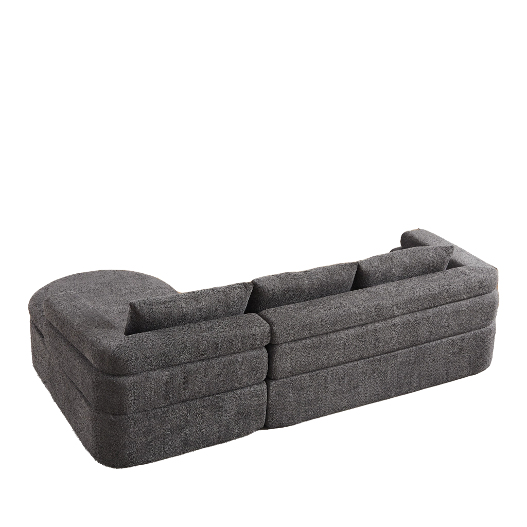 Divano angolare con chaise longue in chenille con bracciolo a gradini e schienali imbottiti grigio antracite