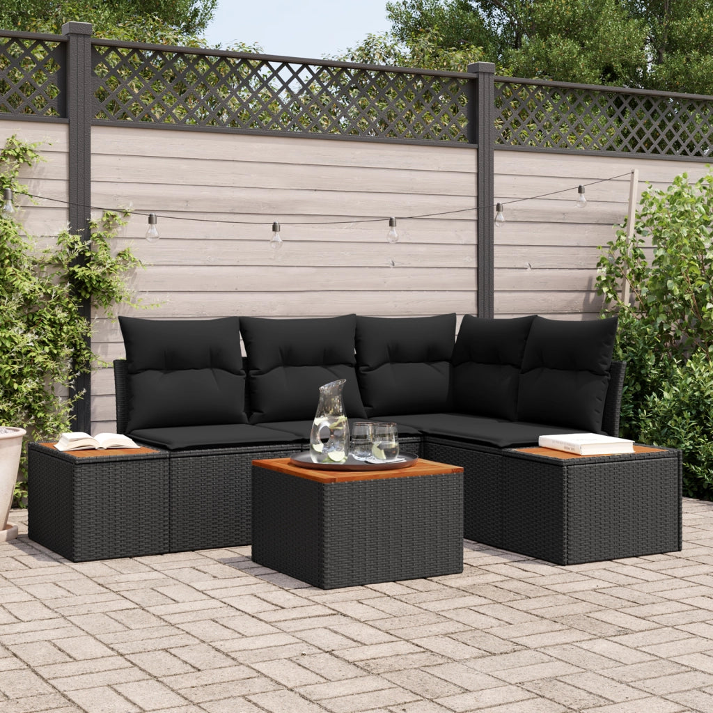 Set Divano Giardino 5 Pezzi con Cuscini Polyrattan Nero Acacia