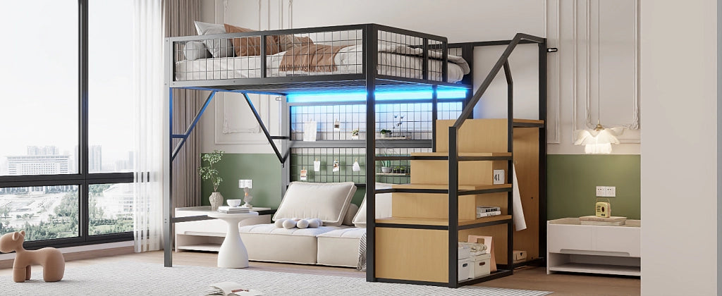 DESMIU Letto a Soppalco Matrimoniale con LED Regolabile, Scala Contenitore e Armadio 140 × 200 cm senza materasso