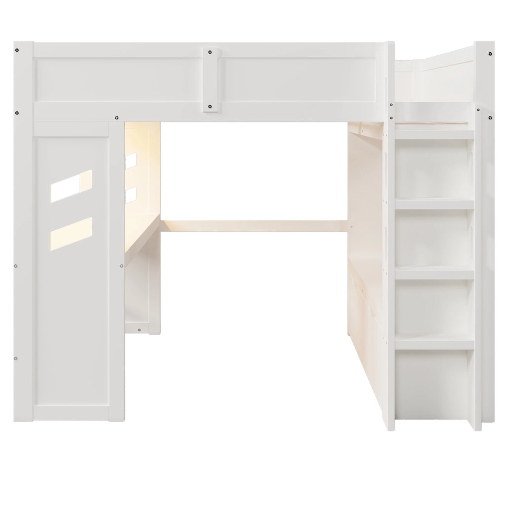 Letto a soppalco 140×200 cm con scrivania; LED; USB; Type-C; 2 cassetti e stender; senza materasso; bianco