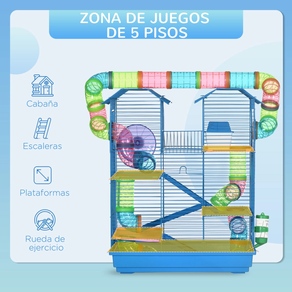 Gabbia per Criceti Multilivello con Tubi, Piattaforme e Accessori ¨C zephmum ¨C Blu 47x30x59 cm