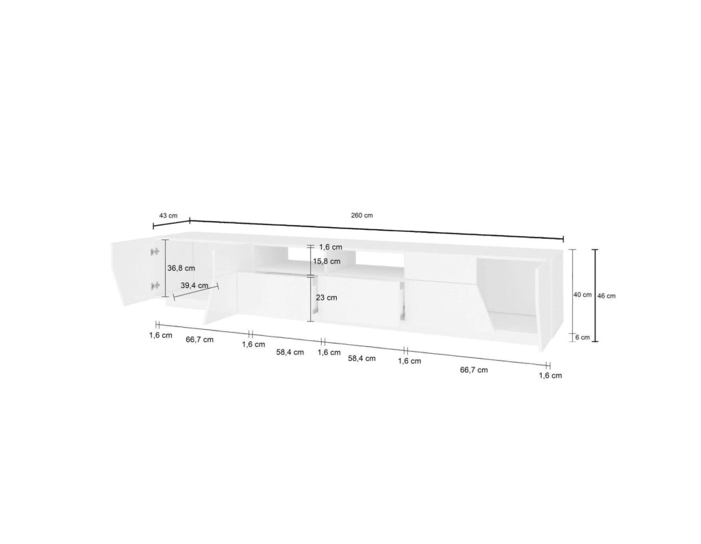 Mobile da soggiorno Porta Asdrubale, Made in Italy, Credenza per Asdrubale da salotto a 4 ante geometriche e 2 cassetti, Cm 260x43h46, Bianco lucido e Acero