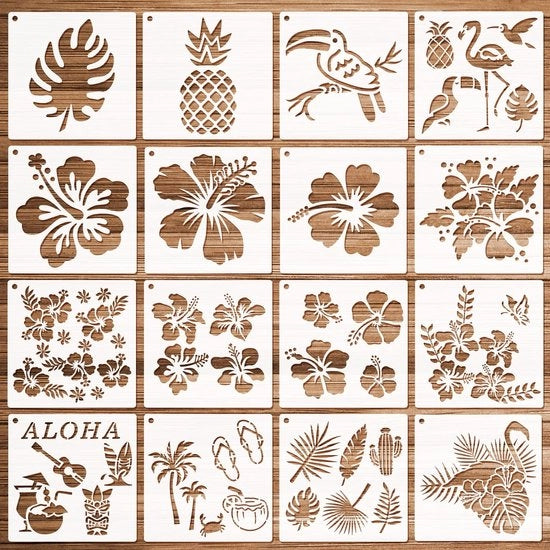 Sjabloni Fiorali 16 Pezzi - Sjabloni Reutilizzabili - Tema Hawaiano - Sjabloni per Adulti - Attività di Ricreazione - Carta di Alta Qualità - 14,7 x 14,7 cm