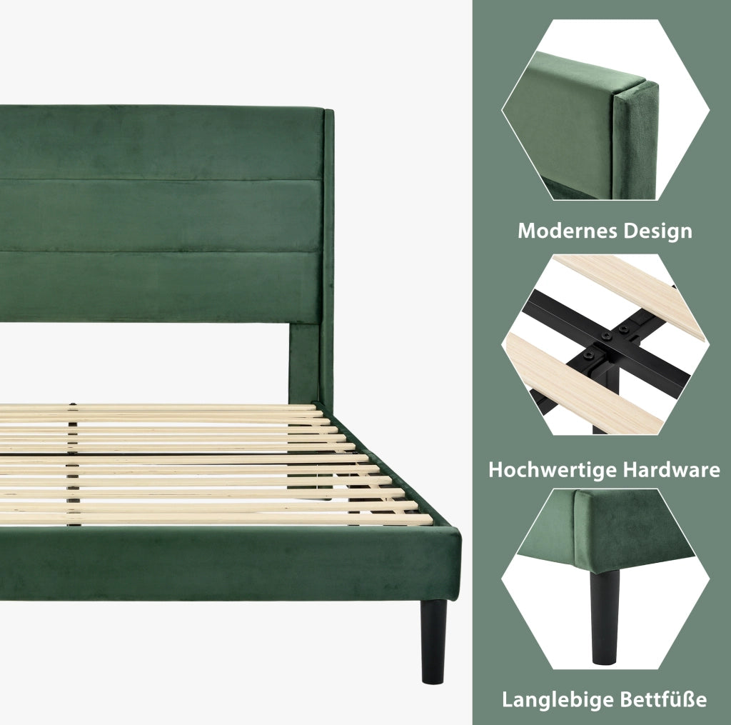 Letto imbottito 140x200 cm in velluto verde scuro con rete