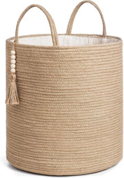 Cestino da Lavanderia in Rattan - Cestino di Stoccaggio Tessuto con Decorazione di Perle in Legno - 35cm
