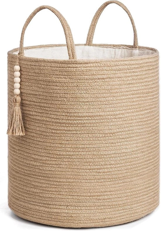 Cestino da Lavanderia in Rattan - Cestino di Stoccaggio Tessuto con Decorazione di Perle in Legno - 35cm
