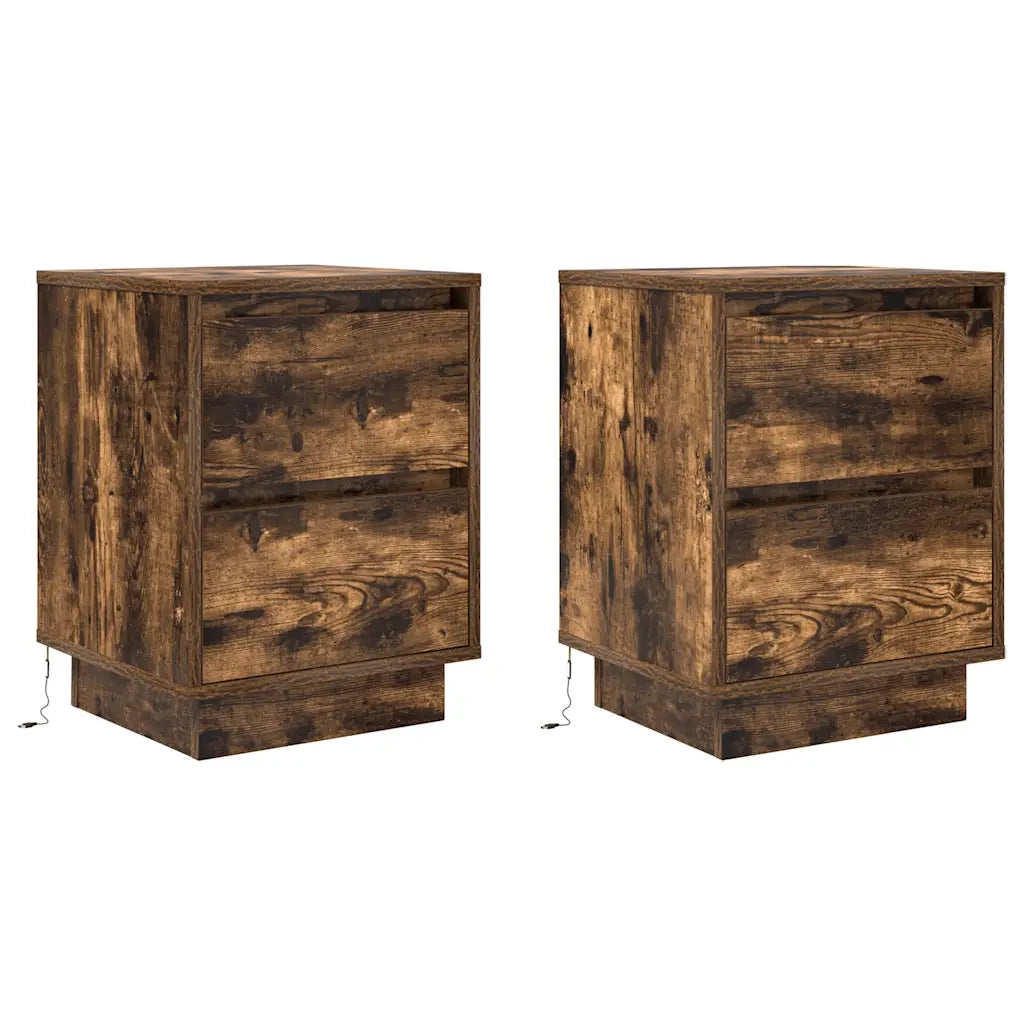 Set di 2 Comodini | Armadio da Notte | Mobiletto da notte con Luci a LED Rovere Fumo 38x34x50 cm