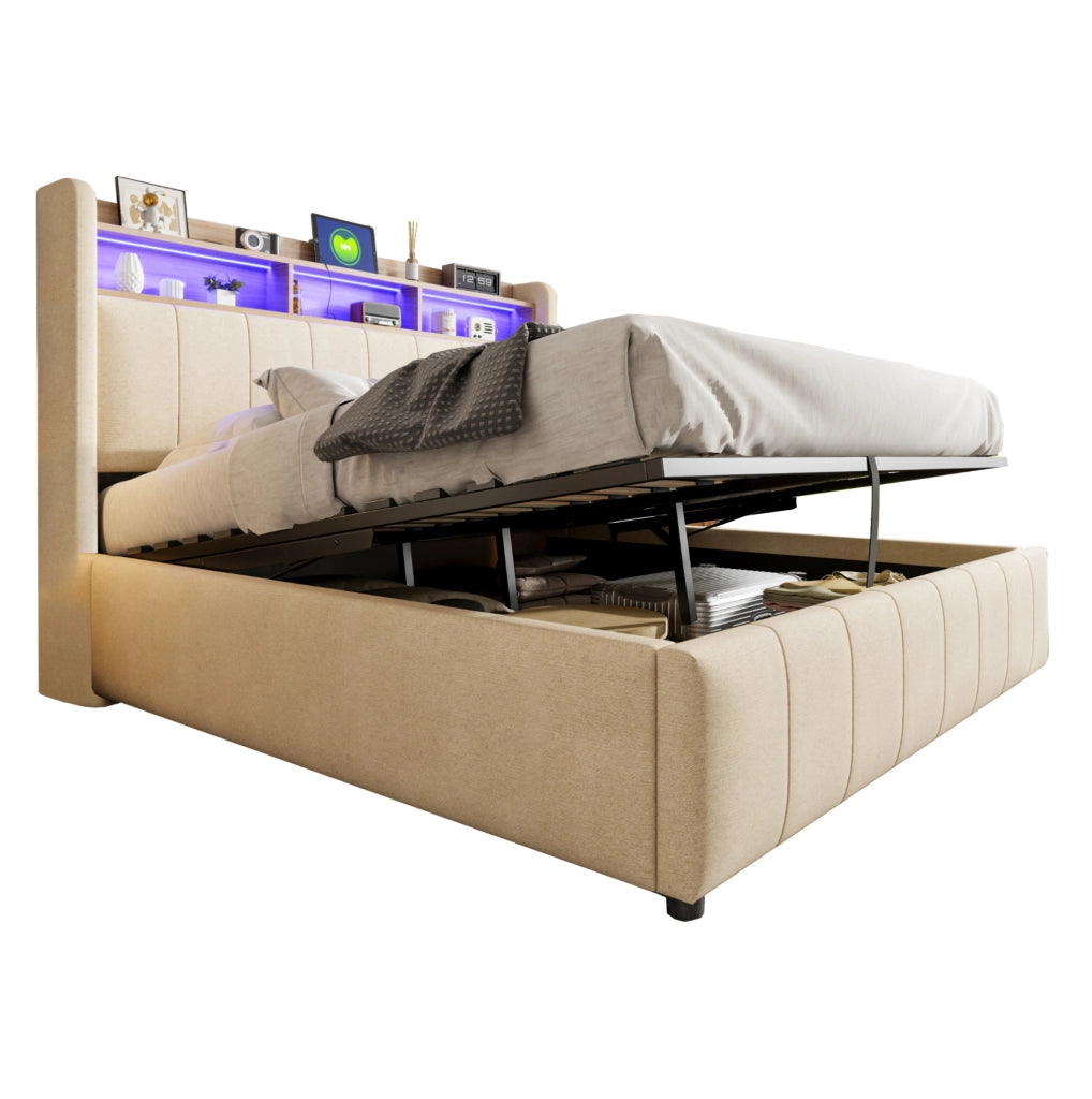 Letto imbottito beige 160 x 200 cm con LED, USB e vano contenitore