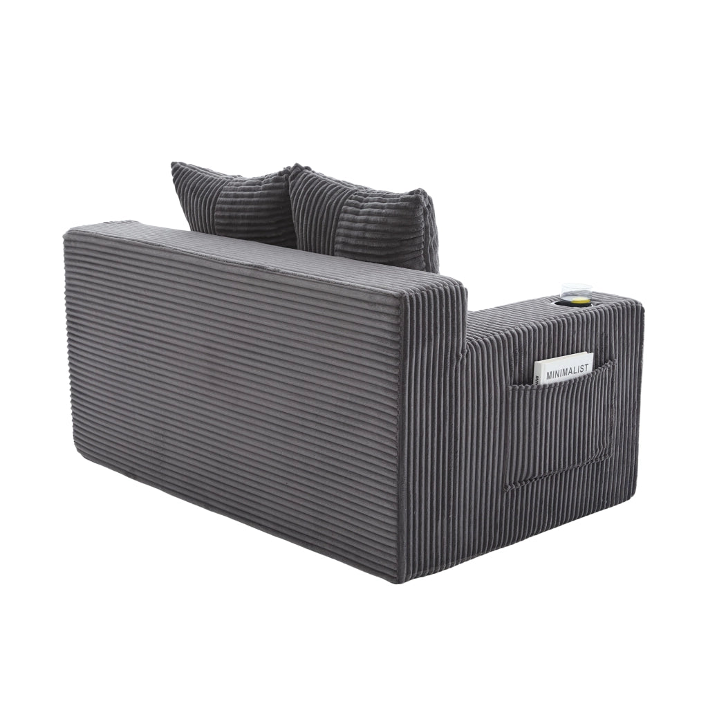 Divano pouf 151x133x64 cm con tasche laterali e 2 cuscini in velluto a coste grigio