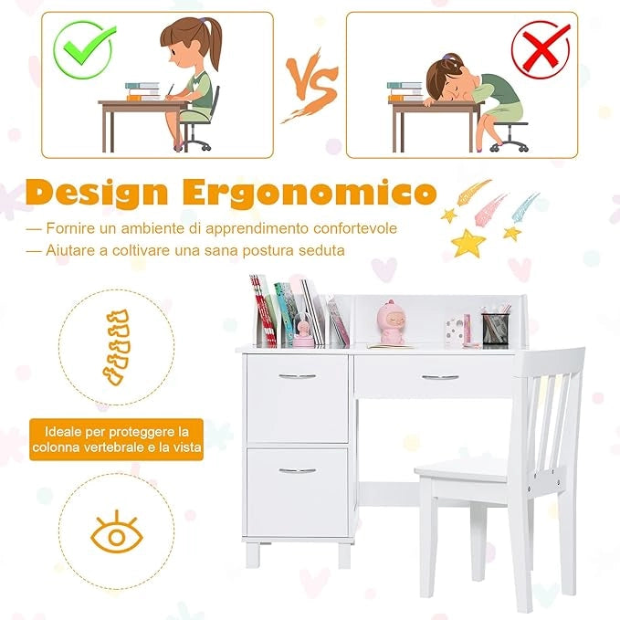 Set di Scrivania e Sedia per Bambini, Scrivania per Bambini con Cassetto e Armadietti, Ideale per Camera da Letto Sala Studio, 90,5 x 46 x 81 cm (bianco)