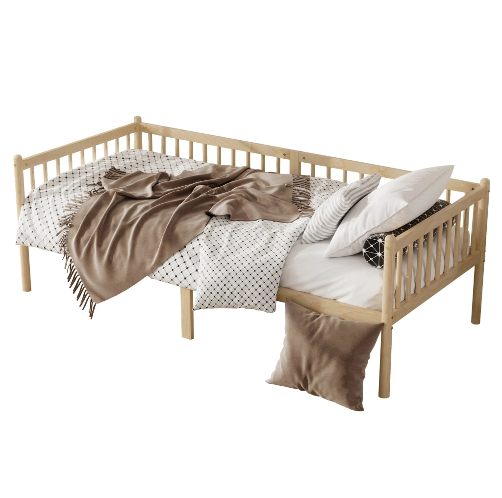 Letto da giorno 90x200 cm con sponde a tre lati; in legno di pino naturale