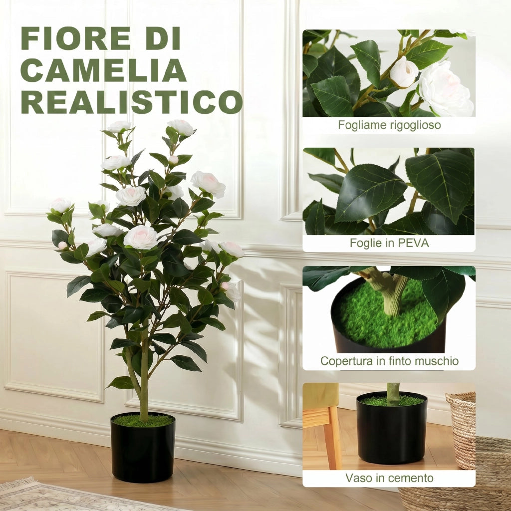 Pianta Artificiale Camelia con Fiori ¨C Xylo ¨C 176 Foglie PEVA Vaso Nero PP Bianco