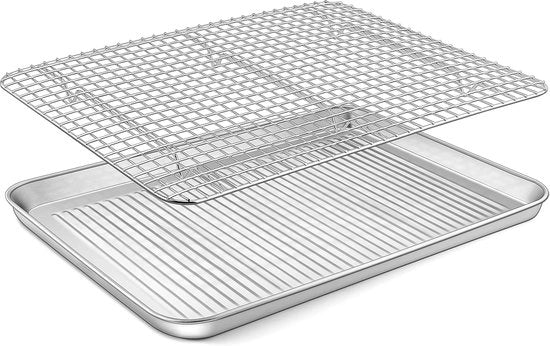 Tavolo da forno con griglia - Piatto da forno rettangolare in acciaio inossidabile - piatto da forno e griglia per la cottura - servizio - 40,6 x 30,2 x 2,5 cm - salutare - resistente al lavastoviglie