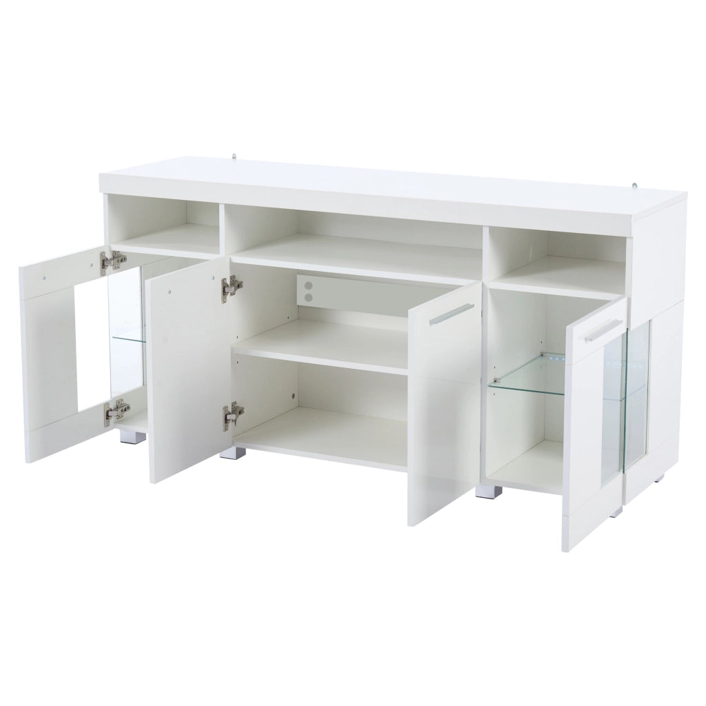 Credenza e madia con LED e ante in vetro temperato, 3 cassetti e 6 vani, per soggiorno, bianco, 140 × 40 × 70 cm