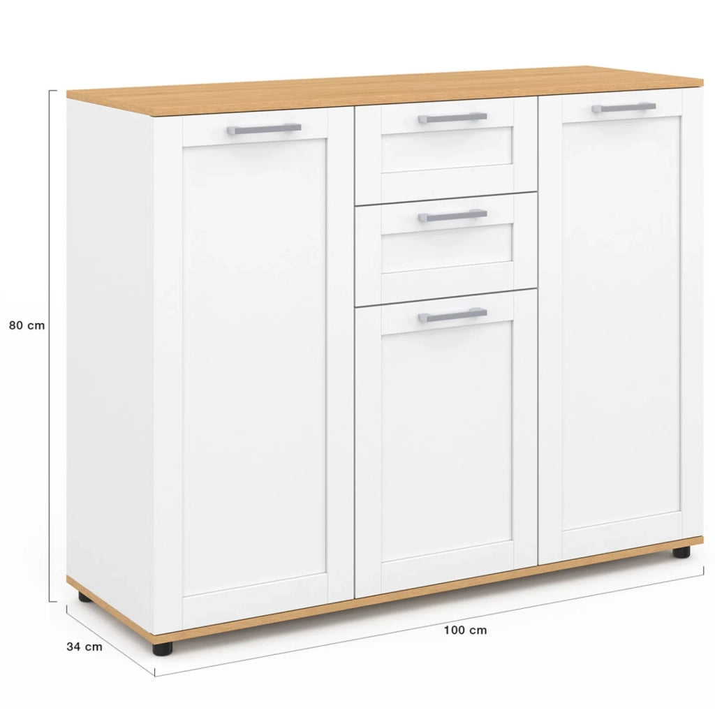 IDMarket - Credenza VITO 100 cm con 3 ante e 2 cassetti bianchi e piano in legno