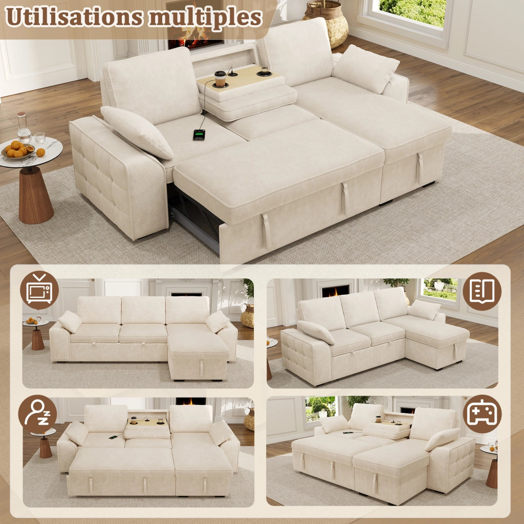 Divano angolare 3 posti in chenille con contenitore, letto estraibile, tavolino con portabicchieri e USB, beige, 237x141x86 cm